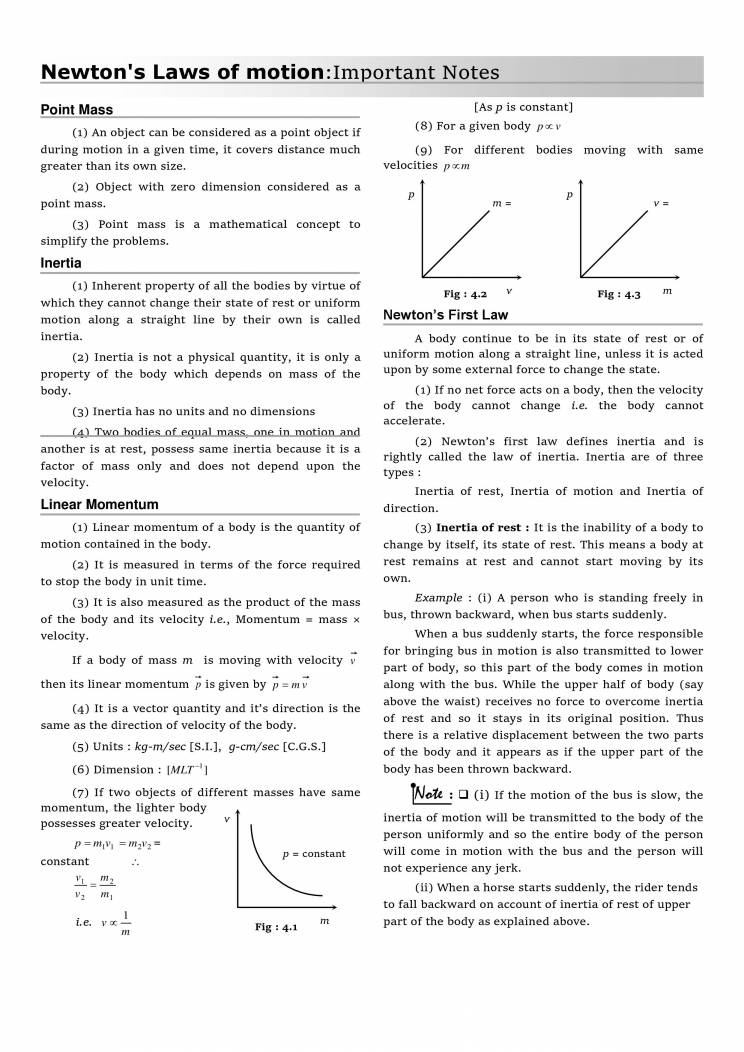 Notes On Newtons Laws Of Motion: Important Notes - Notes